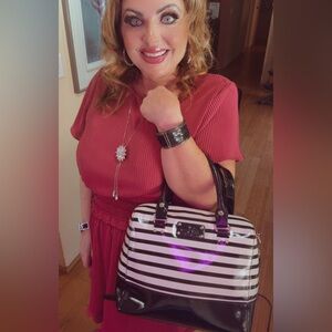 Kate Spade Black and Cream Striped Satchel patent leather